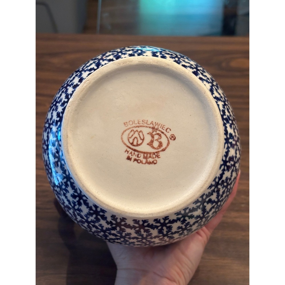 Boleslawiec Polish Pottery Pitcher Snowflake Holly Candle Hand Made Poland Blue - Picture 7 of 10